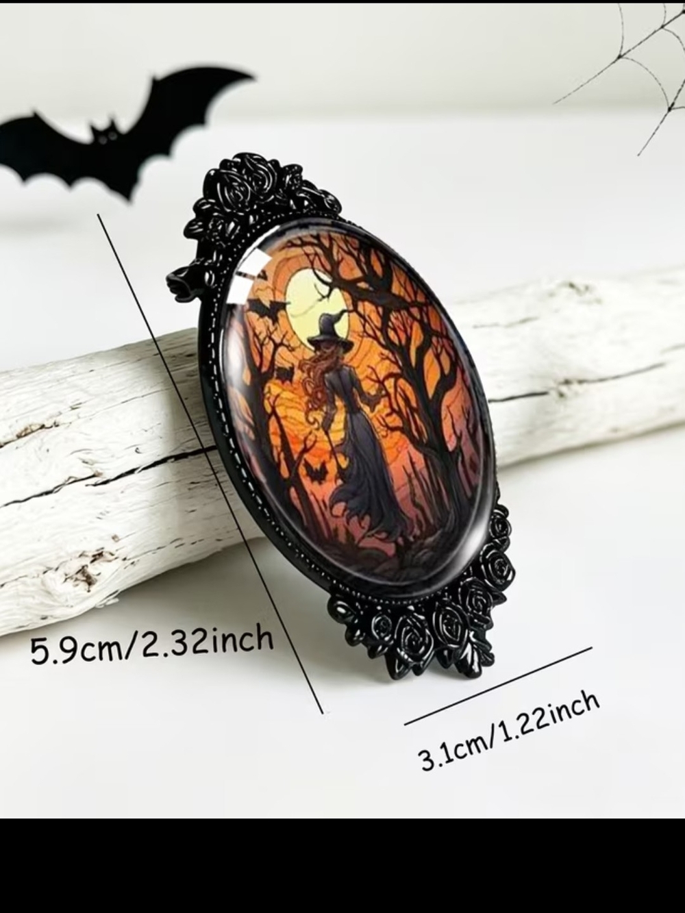 Halloween Witch Oval Wall Art in Black Frame - Orange and Black